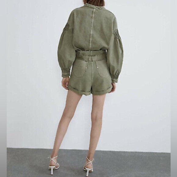 ZARA Women's Green Snap Button Puff Sleeve Denim Shacket Oversized Shirt - Picture 7 of 15